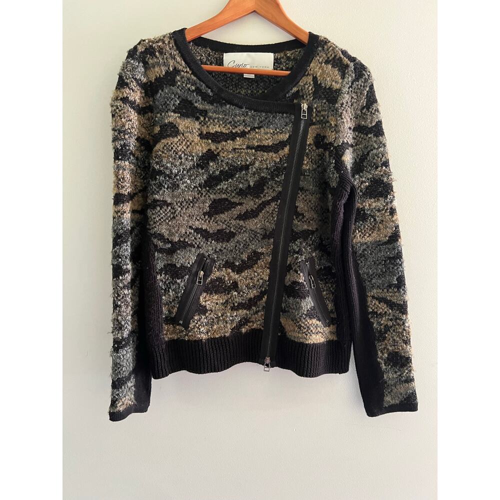 Curio New York Cardigan Sweater Black Brown Abstract Asymmetrical Zip Large JL